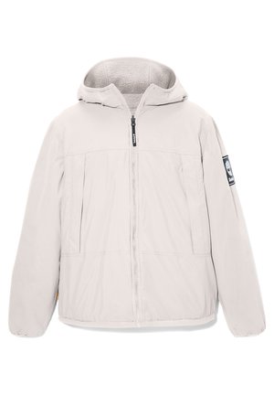 Svetlošedá bunda s kapucňou s hladkým povrchom, predným zipsom, dvoma bočnými vreckami a fleecovou podšívkou. Obsahuje nášivku s logom na rukáve.