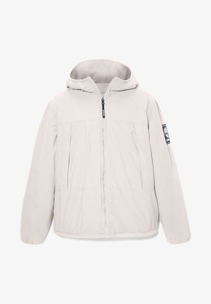 Svetlošedá bunda s kapucňou s hladkým povrchom, predným zipsom, dvoma bočnými vreckami a fleecovou podšívkou. Obsahuje nášivku s logom na rukáve.