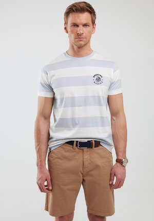 Pasiasty t-shirt z krótkim rękawem w jasnoniebieskim i białym kolorze, z nadrukiem logo. Noszony z beżowymi szortami i brązowym paskiem.