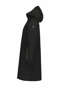 Long manteau noir à capuche avec poche latérale zippée et sangle de poignet ajustable, présenté de côté gauche sur fond blanc.