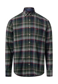 Zielona koszula w kratę z białymi i czerwonymi paskami, z długimi rękawami i zaokrąglonym dołem. Guziki z przodu są beżowe.