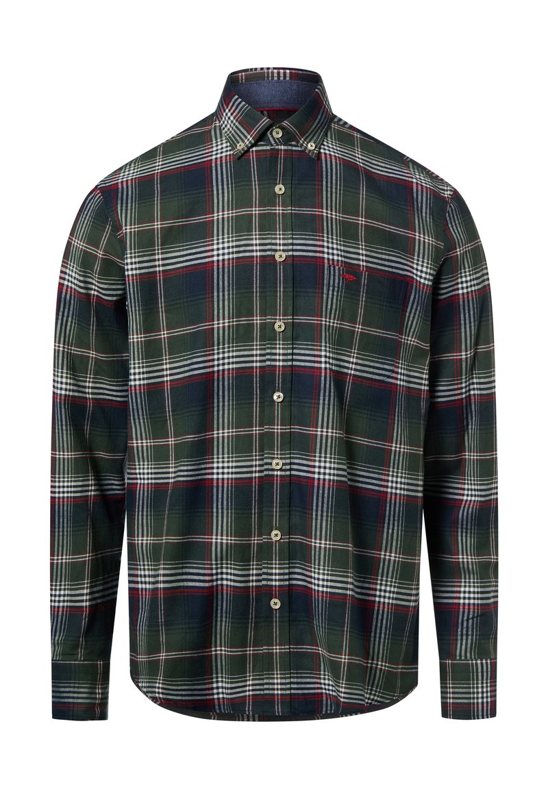 Zielona koszula w kratę z białymi i czerwonymi paskami, z długimi rękawami i zaokrąglonym dołem. Guziki z przodu są beżowe.