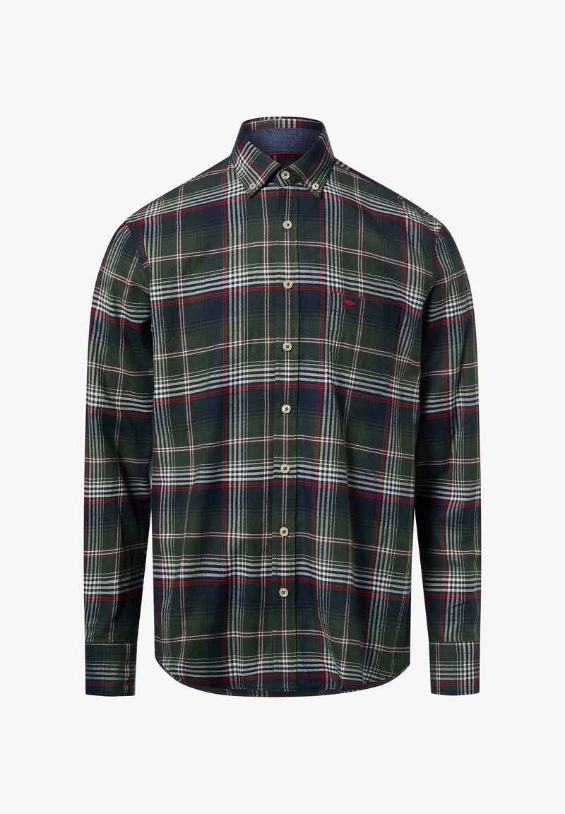 Zielona koszula w kratę z białymi i czerwonymi paskami, z długimi rękawami i zaokrąglonym dołem. Guziki z przodu są beżowe.