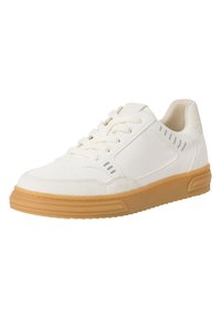 Vita lädersneaker med texturerade detaljer, perforerat tåparti och grå ränder. Gummisula i ljust brunt. Snörningsdesign.