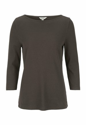 Dunkelgraues, geripptes Langarmoberteil mit weitem Halsausschnitt und seitlichen Schlitzen am Saum, aus weichem, dehnbarem Stoff gefertigt.