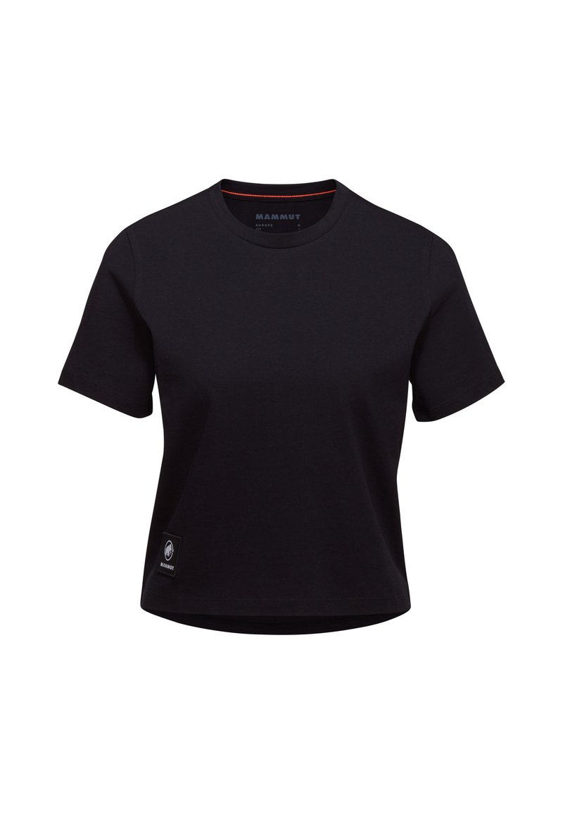 Czarny t-shirt z krótkim rękawem z bawełny, z okrągłym dekoltem i naszywką z logo po lewej stronie na dole. Gładka tekstura.