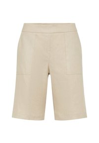 Shorts beige sur mesure avec une texture lisse, de longueur mi-cuisse, dotés de deux poches avant et d'une ceinture épurée.
