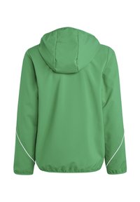 Grüne Jacke mit Kapuze, aus einem glatten, leichten Material und mit einem cinturae-Design. Reflektierende weiße Akzente entlang der Ärmel.