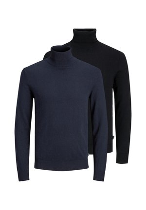 To langeærmede sweaters med rullekrave, den ene marineblå foran og den anden sort bagved, vist på en hvid baggrund.