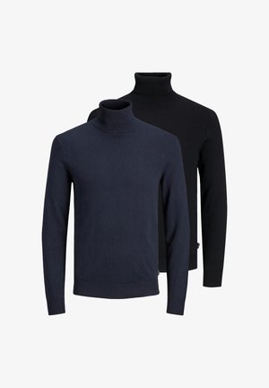 Due maglioni a collo alto a manica lunga, uno blu navy davanti e uno nero dietro, esposti su uno sfondo bianco.