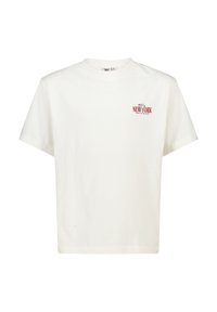 Valkoinen puuvillainen t-paita, jossa on pieni punainen "NEW YORK" -logo ja harmaat yksityiskohdat rinnassa. Lyhyet hihat ja rento istuvuus.