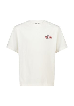 T-shirt en coton blanc avec un petit logo "NEW YORK" rouge et des accents gris sur la poitrine. Manches courtes et design à la coupe décontractée.