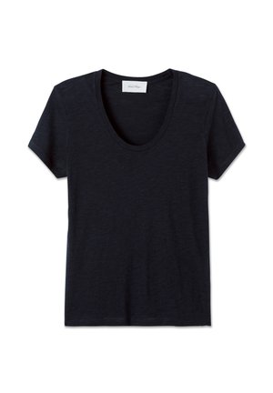 Mörkblå t-shirt med korta ärmar och rund hals, enkel design, visad liggande på en vit bakgrund.