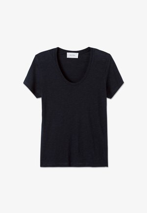 Tmavomodré tričko s krátkym rukávom a okrúhlym výstrihom, bez vzoru, zobrazené plocho na bielom pozadí.