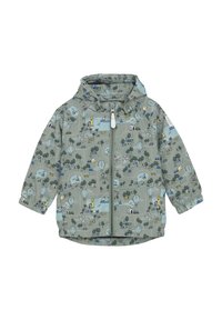 Giacca leggera con cappuccio di colore grigio, decorata con un motivo giocoso di alberi, veicoli e paesaggi. Presenta una zip frontale e polsini elasticizzati.