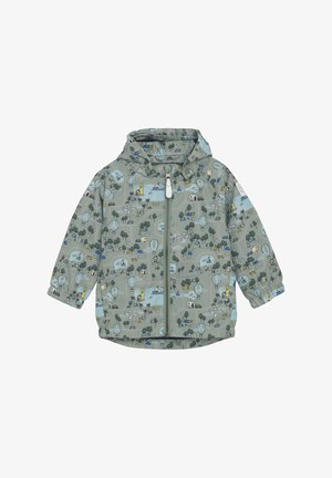 Leichte, kapuzenjacke in Grau mit einem verspielten Muster aus Bäumen, Fahrzeugen und Landschaften. Mit einem Frontreißverschluss und elastischen Bündchen ausgestattet.