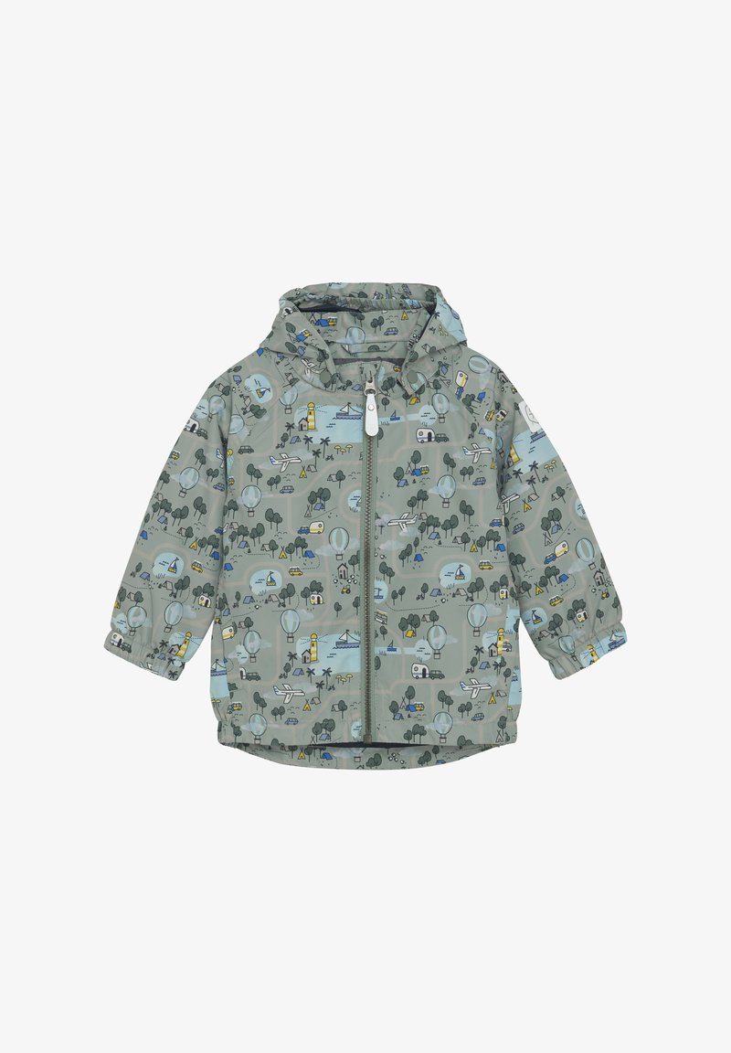 Lichte, geкапuzeerde jas in het grijs met een speels patroon van bomen, voertuigen en landschappen. Beschikt over een frontale rits en elastische manchetten.