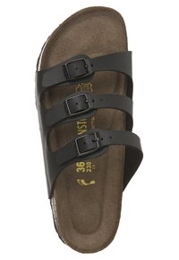 Sort sandal med tre justerbare remme, en polstret brun sål og en struktureret ydersål. Størrelse 36 er mærket på sålen.