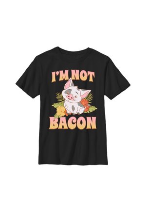 Sort T-shirt med en illustration af en smilende gris omgivet af blomster og teksten "I'M NOT BACON" i fede pink og orange bogstaver.