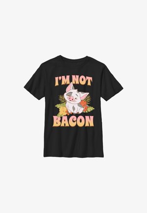 Maglietta nera con un’illustrazione di un maiale sorridente circondato da fiori e il testo "I'M NOT BACON" in lettere rosa e arancioni in grassetto.
