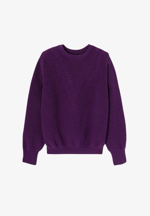 Pull en tricot violet avec un motif texturé en V, col côtelé et manches à poignet, présentant une coupe décontractée et une couleur unie.