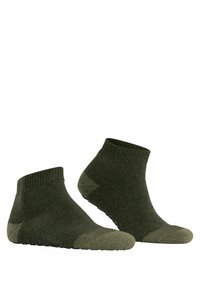 Kurze grüne Socken mit geripptem Bündchen, verstärktem Zeh und rutschfester Sohle. Hergestellt aus einem weichen, gewebten Material mit glatter Oberfläche.