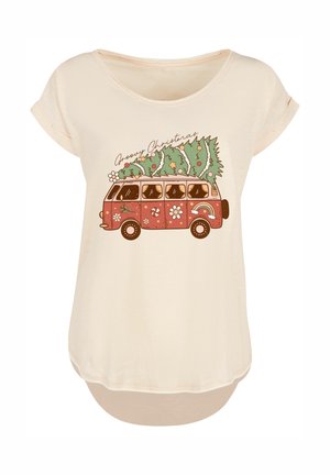 Hellbeiges Shirt mit einem Vintage-rot lackierten Van, der mit Blumen dekoriert ist, einen Weihnachtsbaum transportiert und den Schriftzug "Groovy Christmas" auf der Vorderseite trägt.