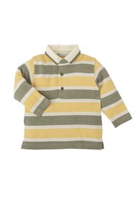 Polo à manches longues rayé avec des bandes alternées jaunes, vertes et blanches, patte de boutonnage et col crème contrastant.