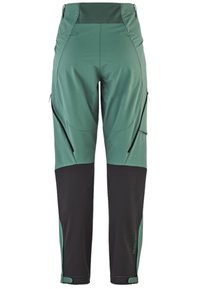 Grüne Outdoor-Hose mit schwarzen Akzenten, mehreren Reißverschlusstaschen, verstellbaren Beinbündchen und einem flexiblen, strukturierten Stoff.