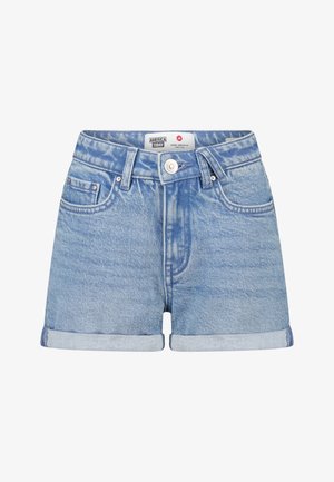 Shorts vaqueros azul claro con dobladillos enrollados, diseño de cinco bolsillos y cierre estándar con botón y cremallera. Presentan un sutil efecto desgastado y costuras.
