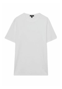 Tricou alb din bumbac, cu mâneci scurte, guler rotund, croială lejeră și fără modele sau embellishments vizibile. Textură simplă și netedă.
