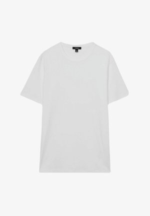 White cotton t-shirt with short sleeves, crew neckline, relaxed fit, and no visible patterns or embellishments. Simple and smooth texture.