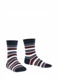 Skarpetki bawełniane w paski w kolorach granatowym, białym i czerwonym z poziomymi paskami. Rybak na górze. Gładka tekstura przez cały czas.