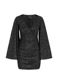 Rochie neagră cu decolteu în V, mâneci lungi tip clopot și siluetă ajustată. Tesătura are un model sclipitor, cu puncte strălucitoare pe întreaga suprafață.