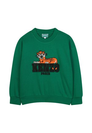 Sweat-shirt vert avec un col rond. Présente un graphique tigre brodé orange et noir, ainsi que le texte "KENZO PARIS" en dessous. Tissu doux.