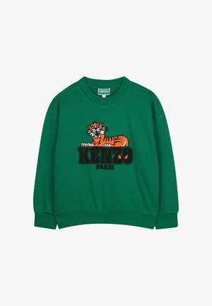 Felpa verde con scollatura rotonda. Presenta una grafica di una tigre ricamata in arancione e nero con il testo "KENZO PARIS" sottostante. Tessuto morbido.