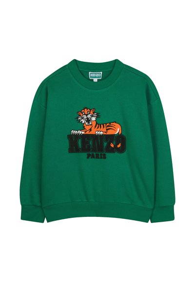 Zielona bluza ze okrągłym dekoltem. Posiada haftowaną grafikę tygrysa w kolorze pomarańczowym i czarnym oraz napis "KENZO PARIS" poniżej. Miękki materiał.
