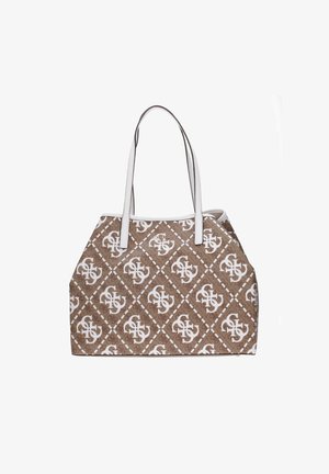 Ruskea kassi, jossa on timanttikuvio ja valkoisia logoja. Kassissa on valkoiset kahvat ja se on muotoiltu rakenteellisesti, valmistettu tekstiilimateriaalista.