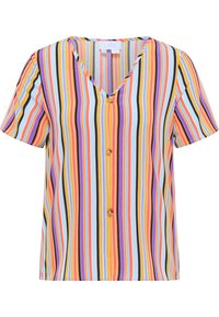 Kortærmet bluse med V-hals og lodrette striber i orange, lilla, pink og blå, med en central knap til lukning.