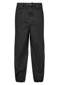 Schwarze Denim-Jeans mit einem hochgeschnittenen Design, geradem Bein und vorderen Taschen. Der Stoff hat eine leicht strukturierte Oberfläche.