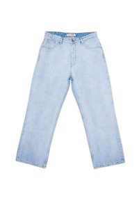 Ljusblå jeans i denim med avslappnad passform, raka ben, fem fickor, subtil blekning och kontrastsömmar längs sömmarna.