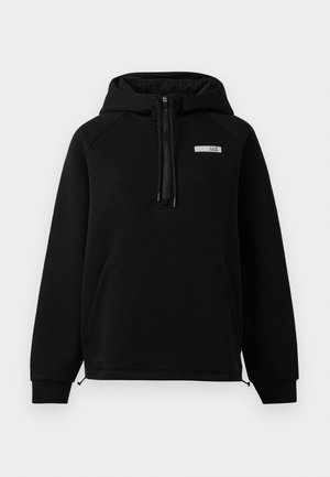 Sweatshirt à capuche noir en tissu doux, avec une poche avant, une fermeture éclair mi-hauteur et un petit logo sur la poitrine gauche.