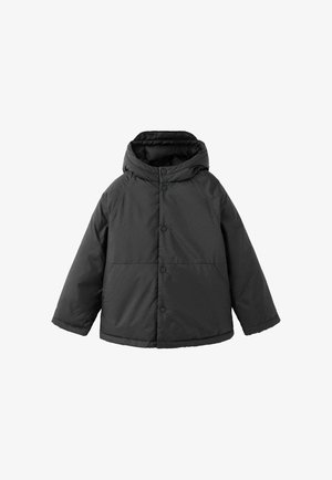 Veste matelassée noire avec capuche et fermeture devant à boutons-pression, manches longues et ourlet droit, présentée sur fond blanc.
