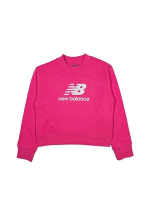 Ružový skrátený sveter vyrobený z bavlnenej zmesi, s rebrovaným golierom a náplety. Na prednej strane sú biele logo "new balance" a dizajnové akcenty.