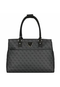 Borsa a tote Guess grigia e nera con motivo del logo e manici neri, dotata di una placca triangolare con il logo Guess sul davanti.