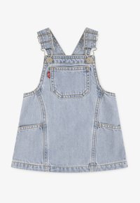 Φόρεμα ολόσωμο από ανοιχτό μπλε τζιν με ρυθμιζόμενες τιράντες, μπροστινή τσέπη, πλαϊνές τσέπες και ραφές σε αντίθετο χρώμα. Λείο υφή και κλασικός σχεδιασμός.