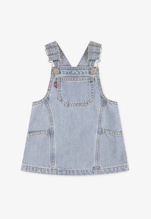 Jasnoniebieska sukienka dżinsowa typu overall z regulowanymi ramiączkami, przednią kieszenią, bocznymi kieszeniami oraz kontrastującymi przeszyciami. Gładka tekstura i klasyczny design.