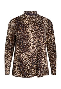 Bluza dugih rukava s printom leoparda i visokim ovratnikom. Sadrži mješavinu smeđih, crnih i bež tonova na mekom, teksturiranom materijalu.