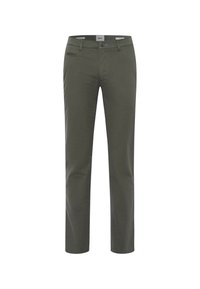 Olive green, straight-leg trousers made of soft cotton blend fabric. Features a zipper pocket and classic five-pocket design.