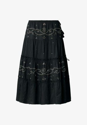 Jupe noire à volants avec broderie florale argentée et détails en sequins, dotée d'une taille froncée et de liens à pompons sur les côtés.